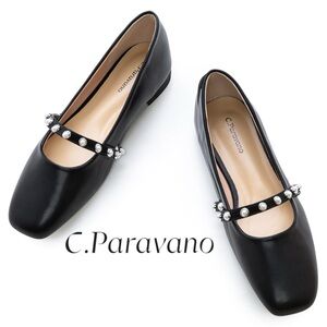 C.Paravano Black Women's Flats with Pearl Detailing